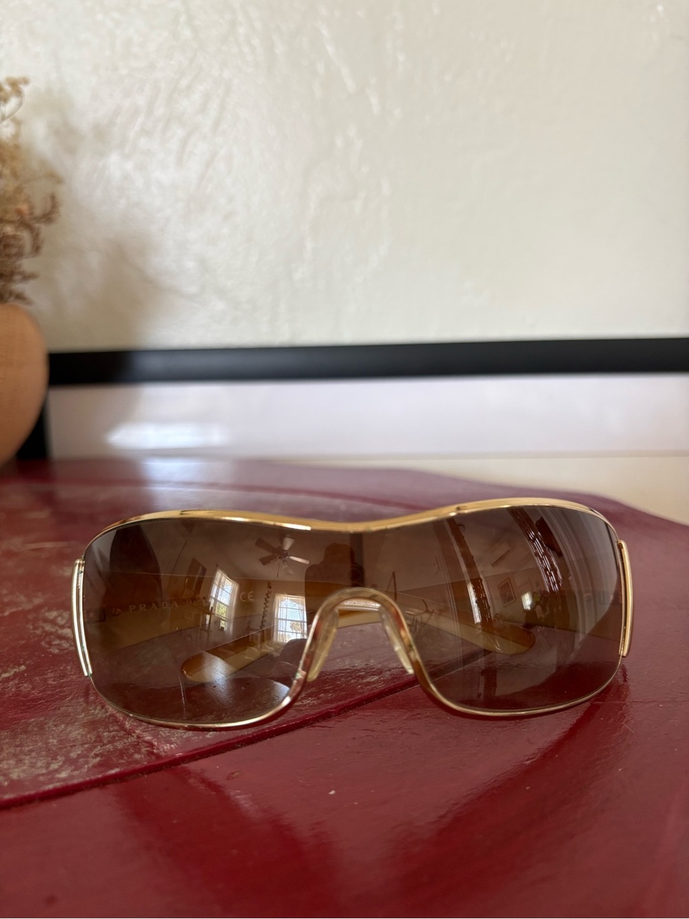 PRADA Gold Frame Brown Lens Oversized Shield Sunglasses